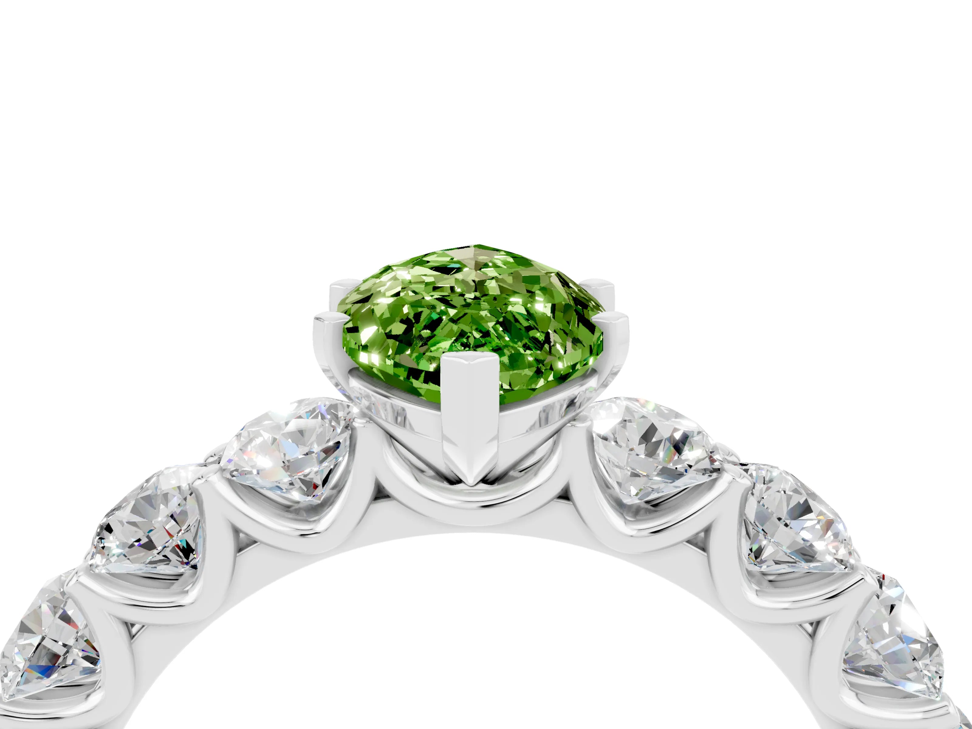 White gold Marquise Cut Peridot Prong Setting with Side Stones on a Pave Band_4