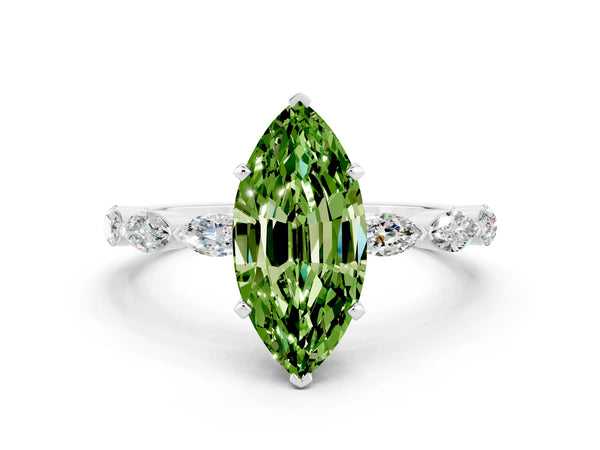 Platinum Marquise Cut Peridot Ring with Marquise Side Stones and Prong Setting