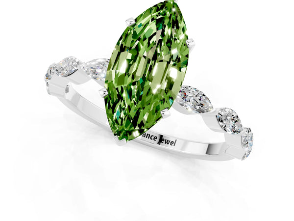 Platinum Marquise Cut Peridot Ring with Marquise Side Stones and Prong Setting