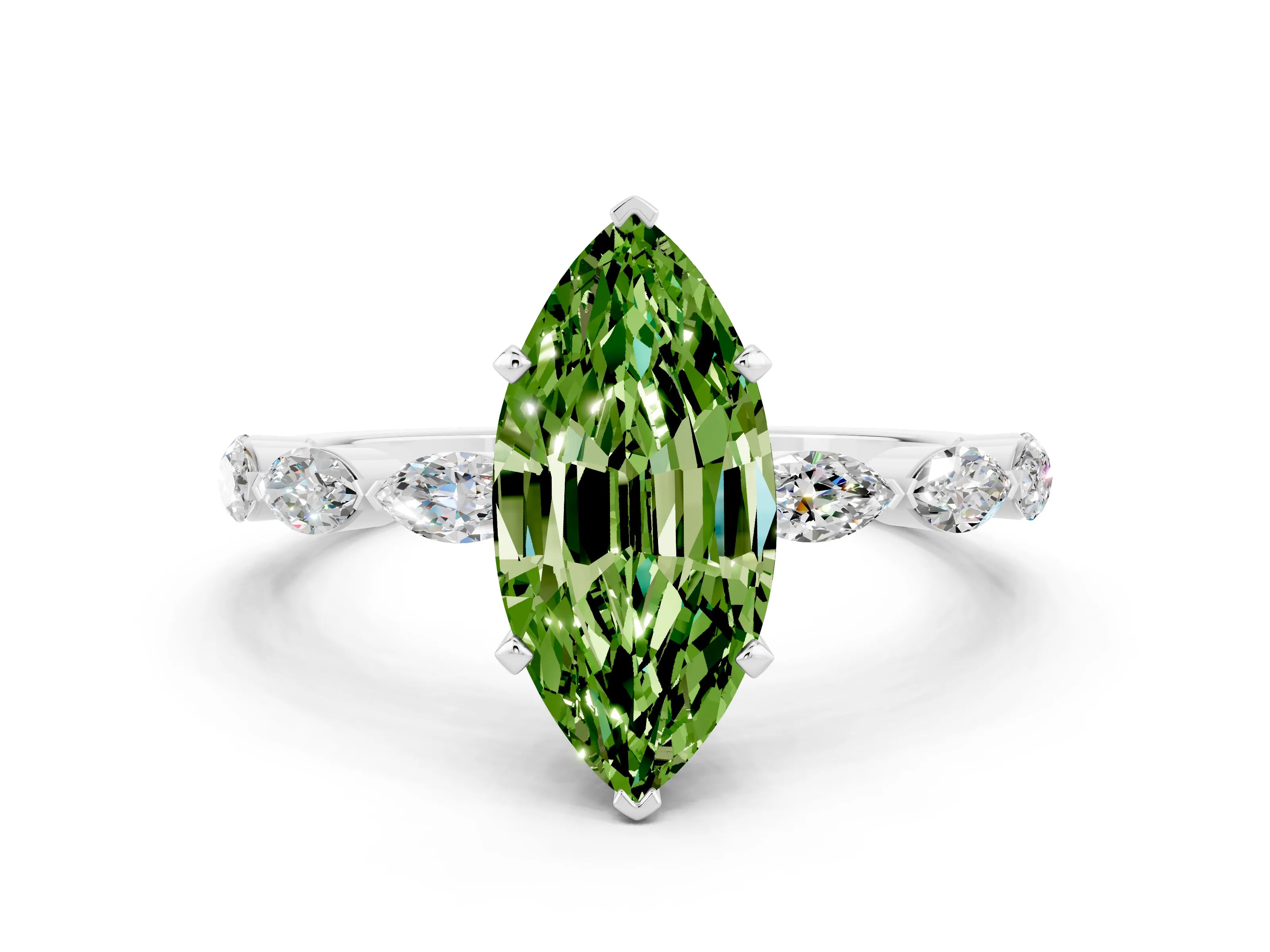 White gold Marquise Cut Peridot Ring with Marquise Side Stones and Prong Setting