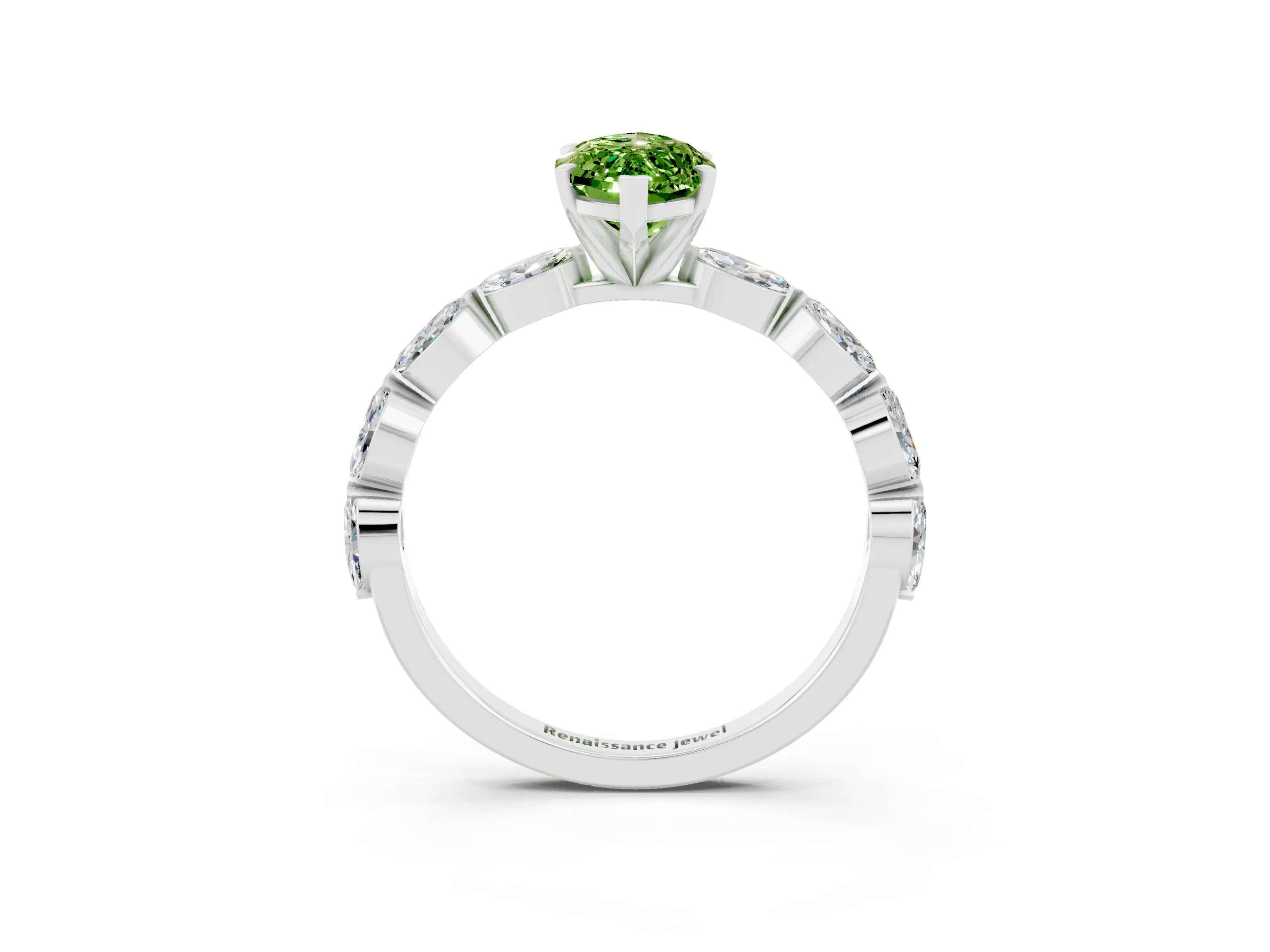 White gold Marquise Cut Peridot Ring with Marquise Side Stones and Prong Setting_3