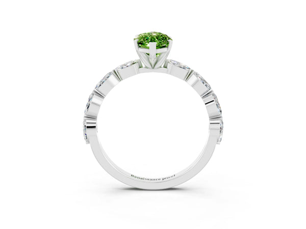 Silver Marquise Cut Peridot Ring with Marquise Side Stones and Prong Setting