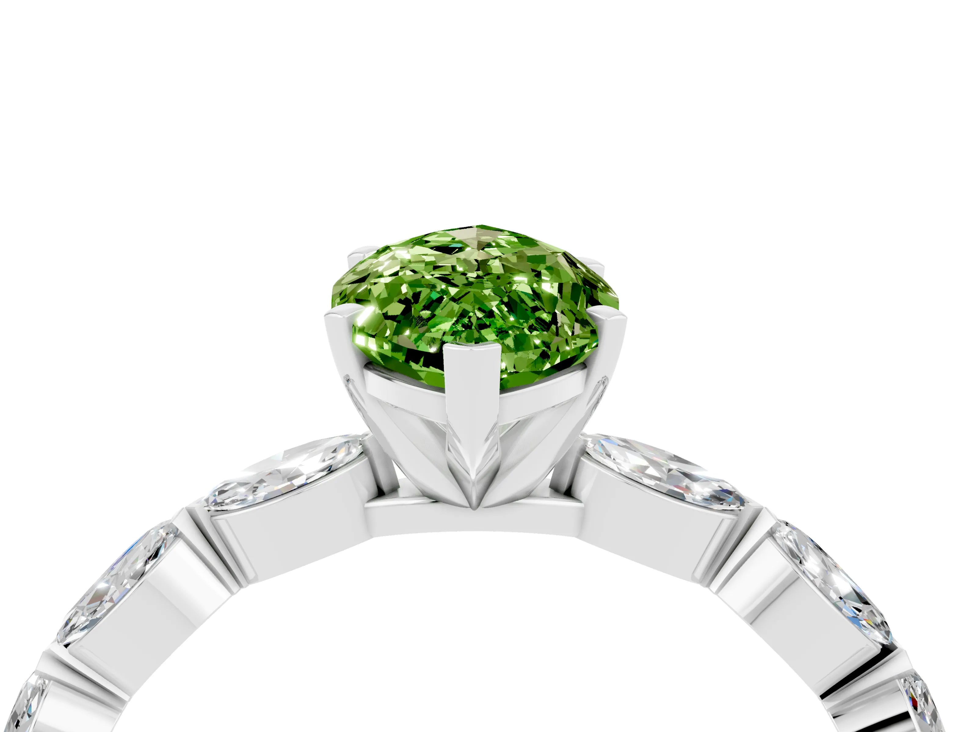White gold Marquise Cut Peridot Ring with Marquise Side Stones and Prong Setting_4
