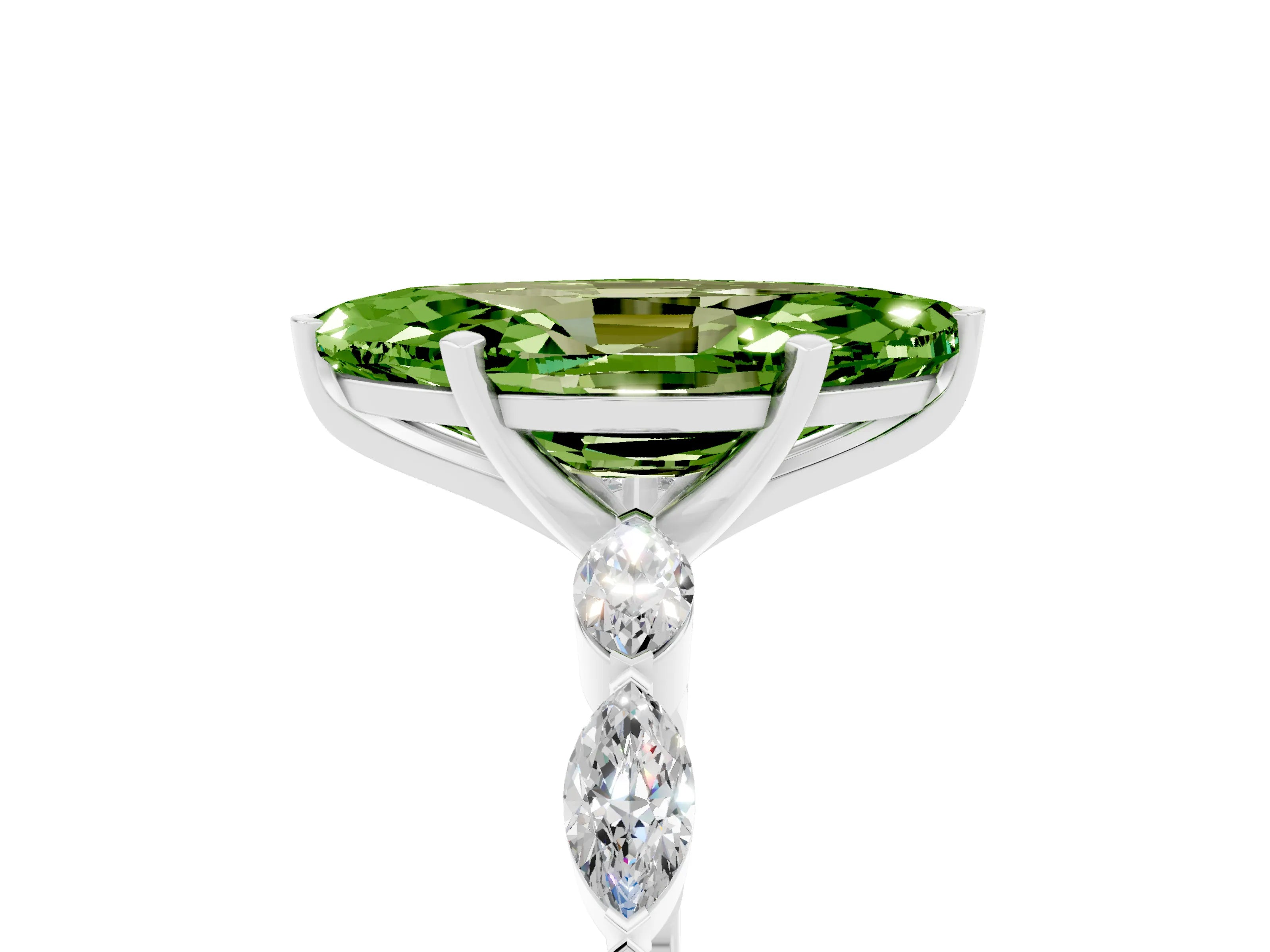 White gold Marquise Cut Peridot Ring with Marquise Side Stones and Prong Setting_5