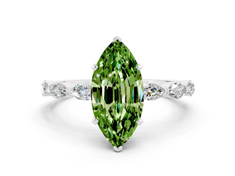 White gold Marquise Cut Peridot Ring with Marquise Side Stones and Prong Setting