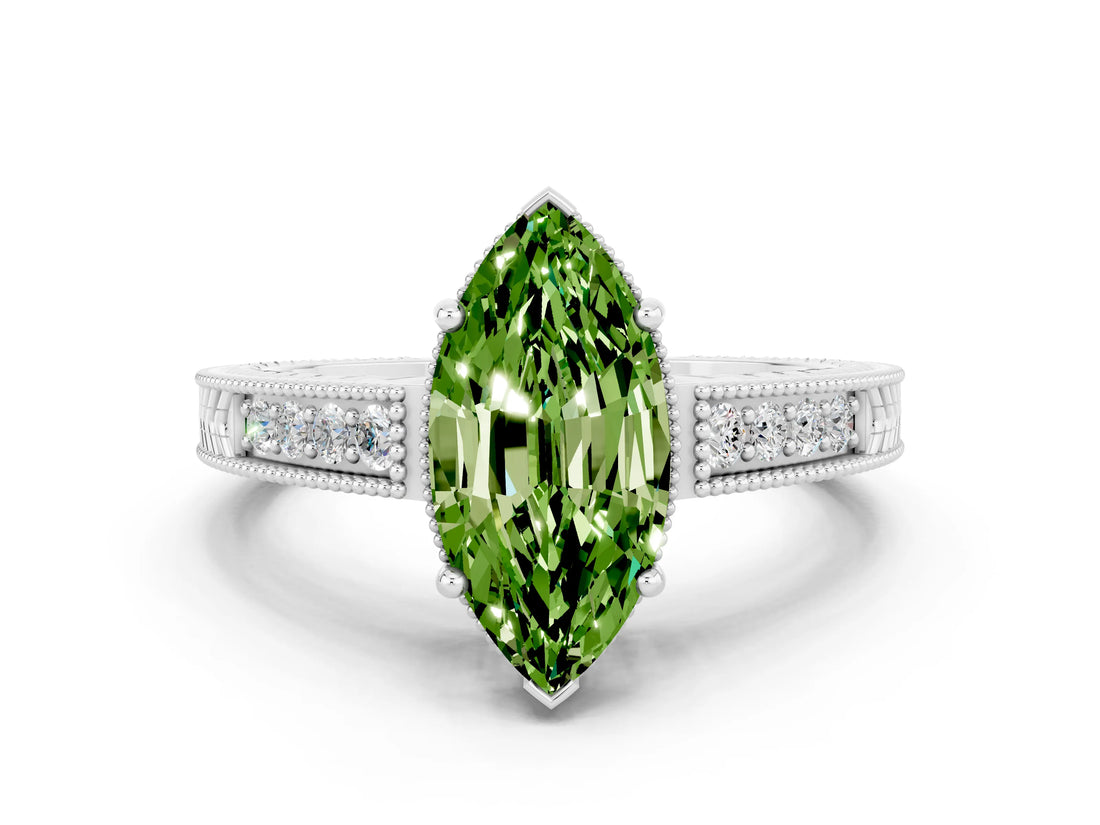 White gold Marquise Cut Peridot Ring with Milgrain Pavé Band and Four-Prong Setting_12