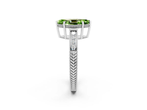 Platinum Marquise Cut Peridot Ring with Milgrain Pavé Band and Four-Prong Setting