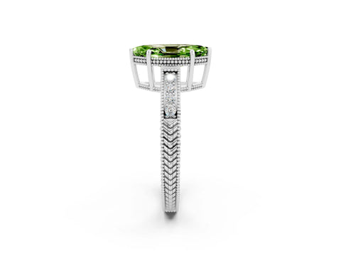 White gold Marquise Cut Peridot Ring with Milgrain Pavé Band and Four-Prong Setting_14