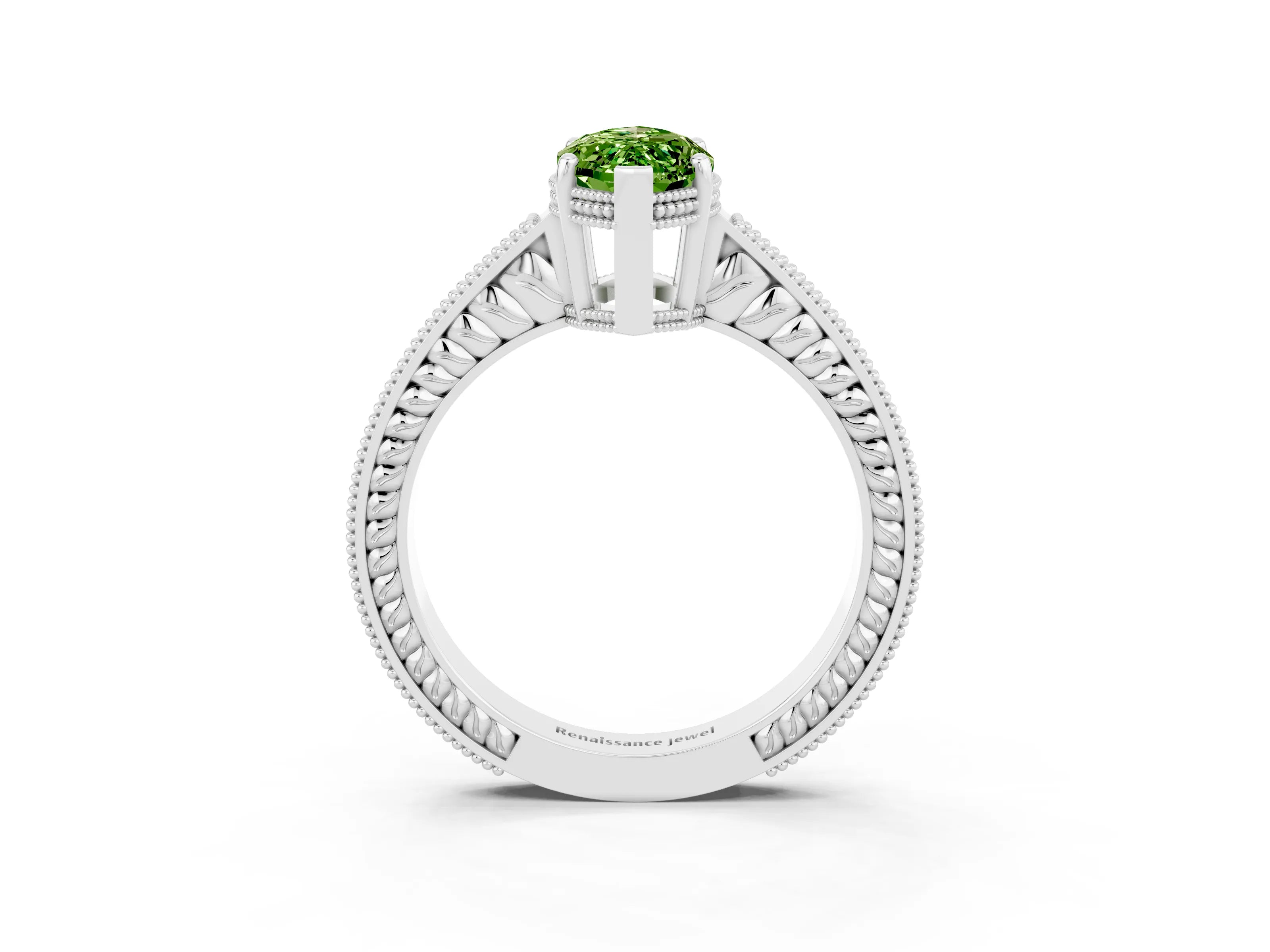 White gold Marquise Cut Peridot Ring with Milgrain Pavé Band and Four-Prong Setting_15