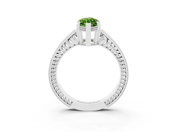 White gold Marquise Cut Peridot Ring with Milgrain Pavé Band and Four-Prong Setting
