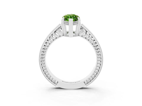 White gold Marquise Cut Peridot Ring with Milgrain Pavé Band and Four-Prong Setting_15