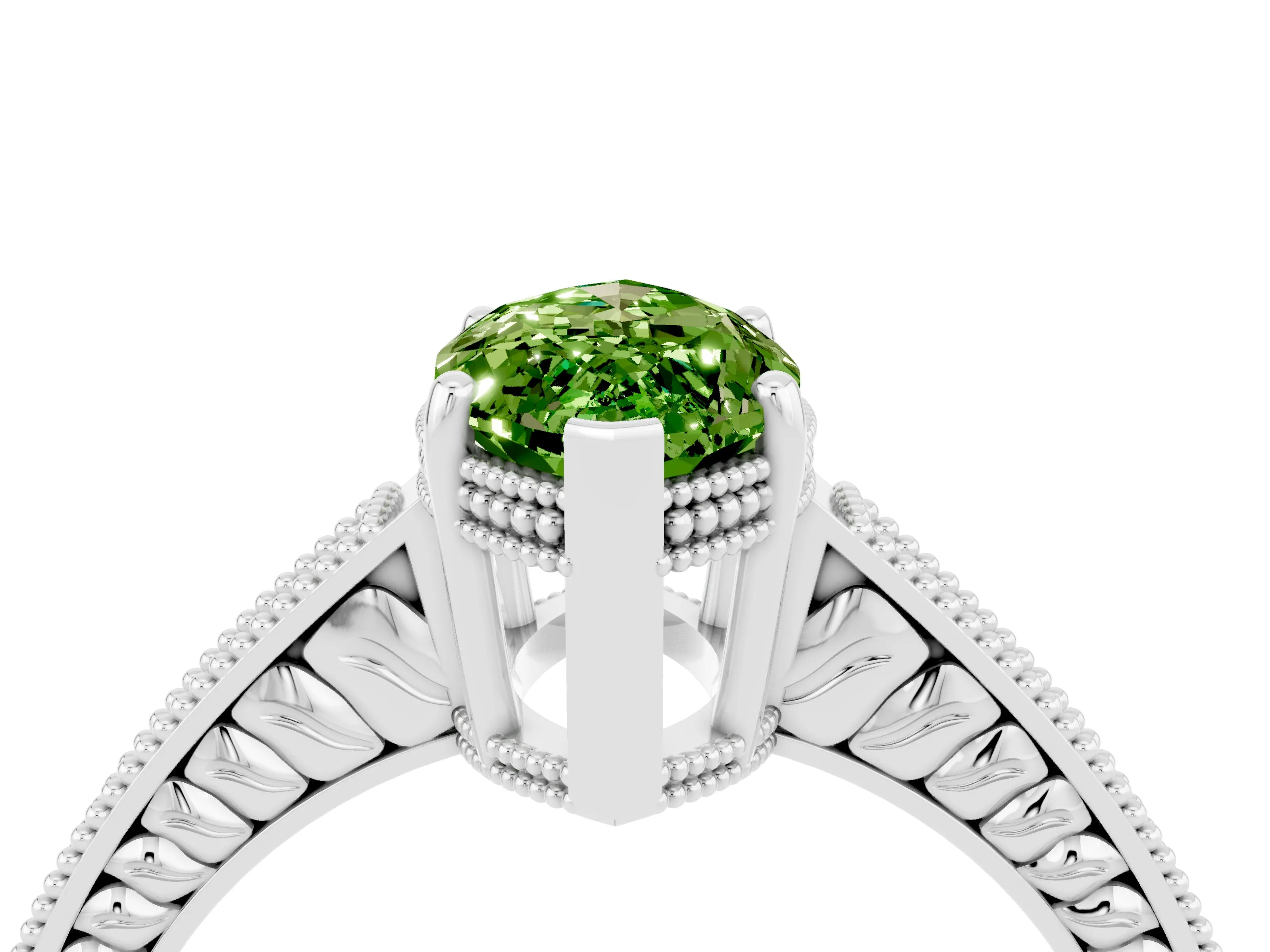 White gold Marquise Cut Peridot Ring with Milgrain Pavé Band and Four-Prong Setting_16