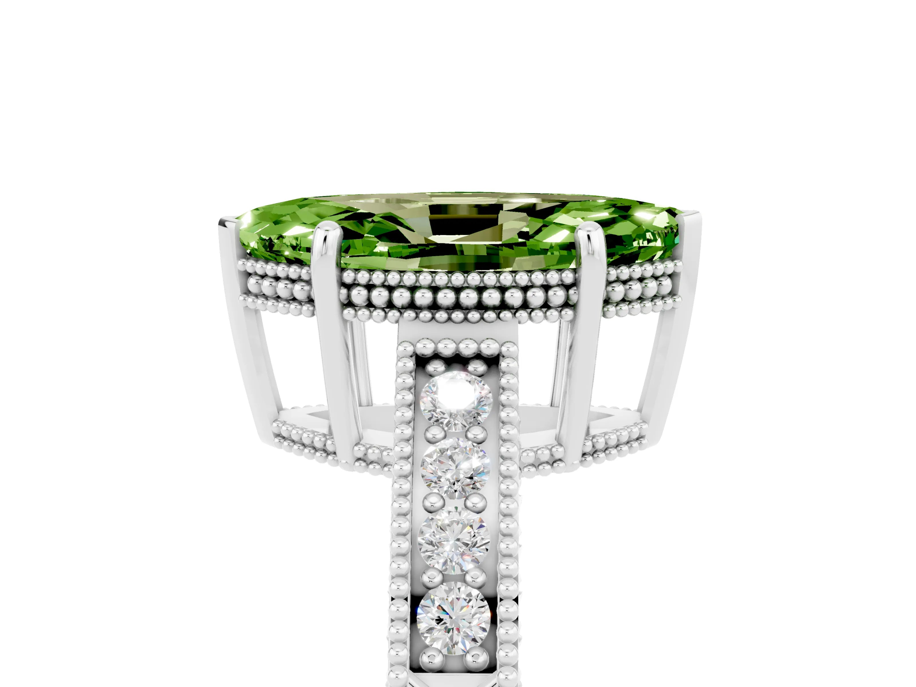 White gold Marquise Cut Peridot Ring with Milgrain Pavé Band and Four-Prong Setting_17