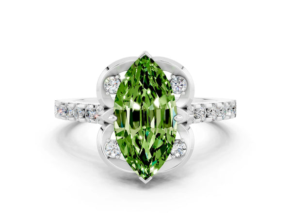 Platinum Marquise Cut Peridot Ring with Pavé Band and Floral Prong Setting