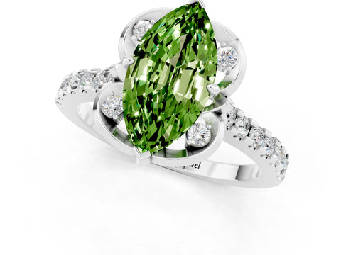 White gold Marquise Cut Peridot Ring with Pavé Band and Floral Prong Setting_1