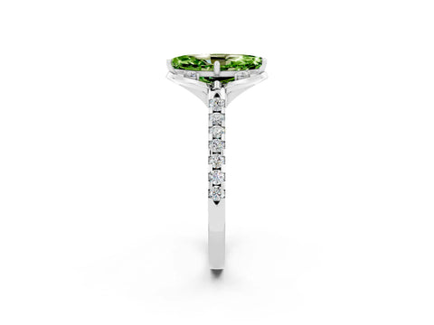 White gold Marquise Cut Peridot Ring with Pavé Band and Floral Prong Setting_2