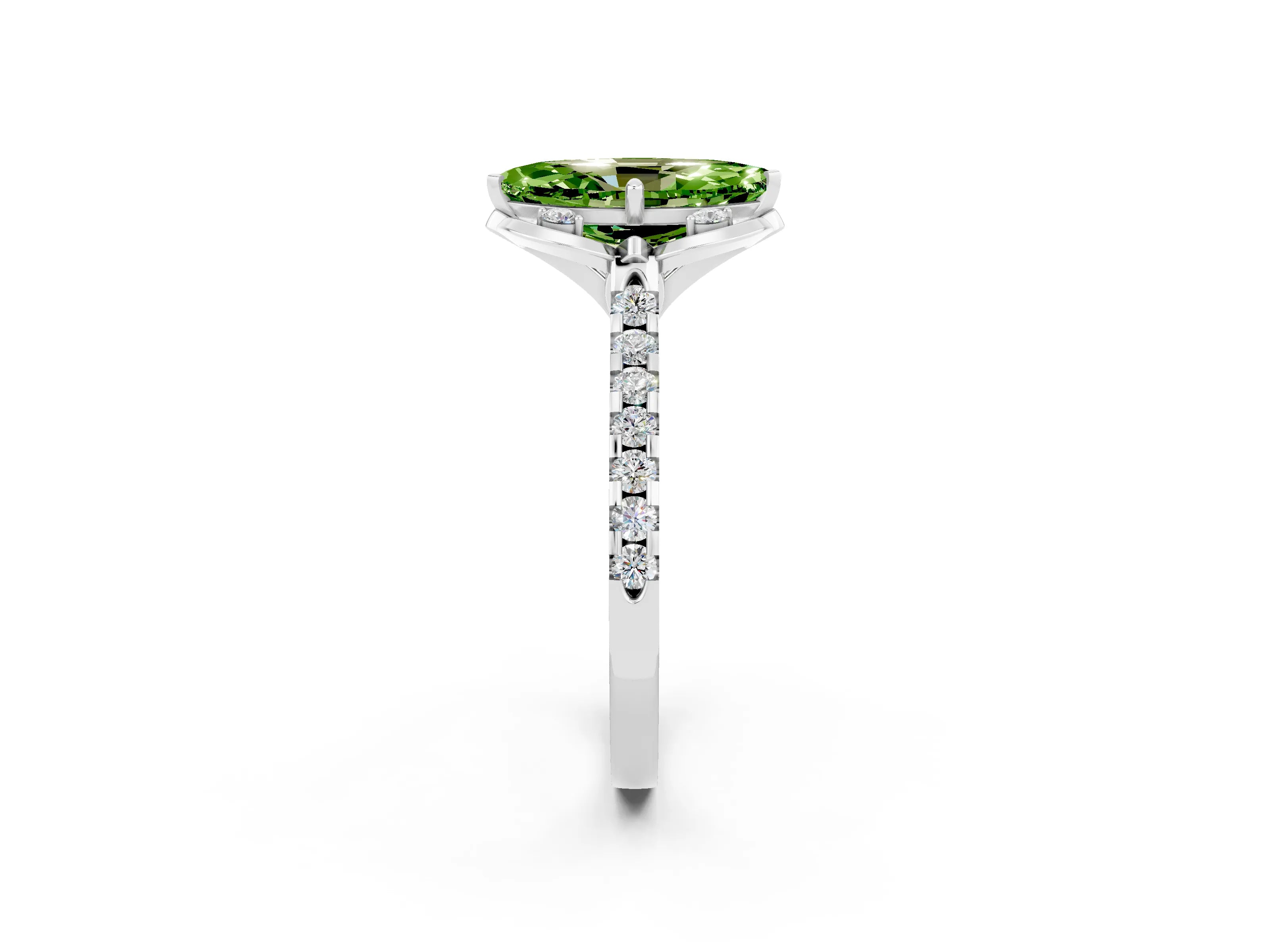 White gold Marquise Cut Peridot Ring with Pavé Band and Floral Prong Setting_2