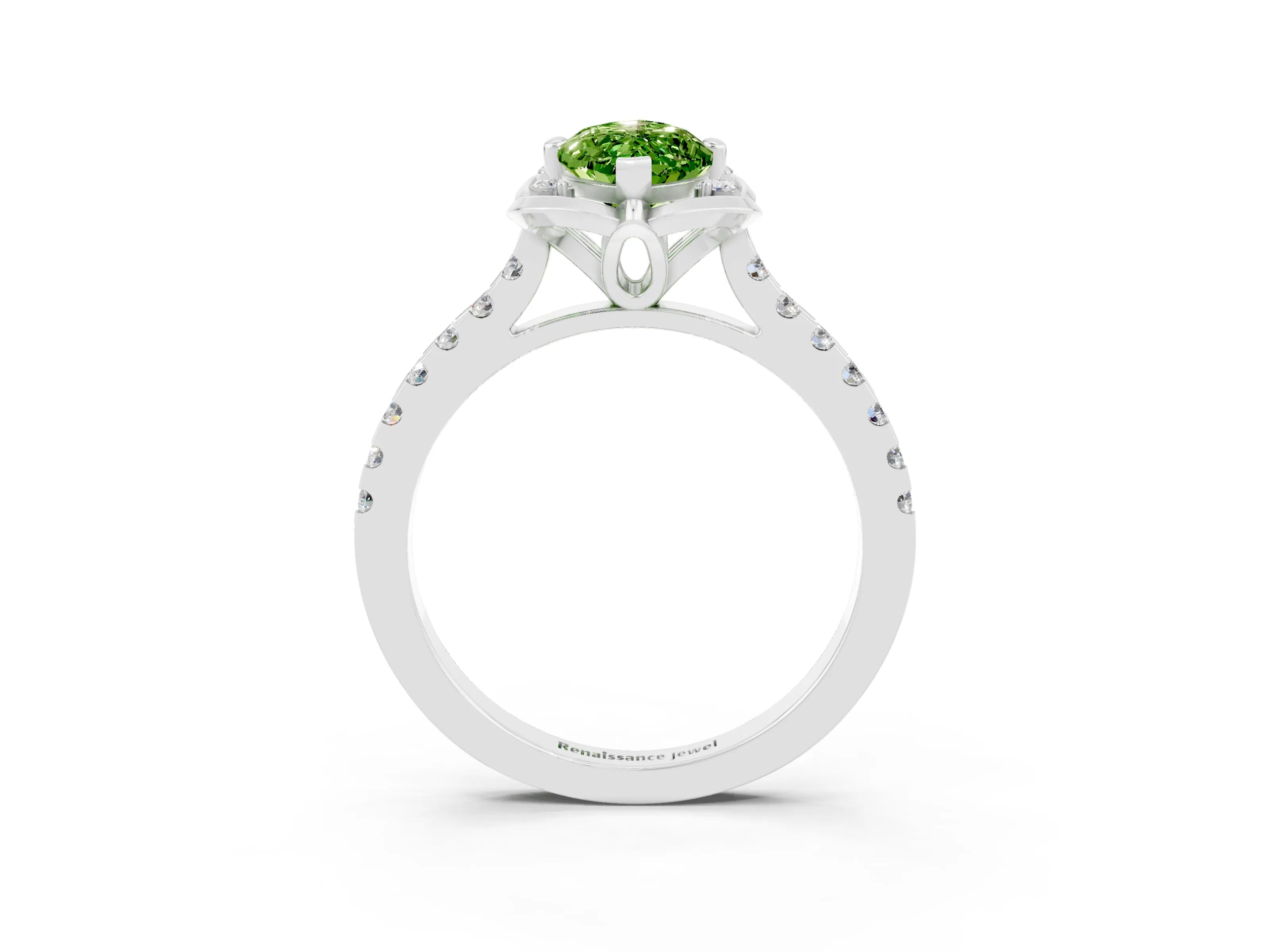 White gold Marquise Cut Peridot Ring with Pavé Band and Floral Prong Setting_3