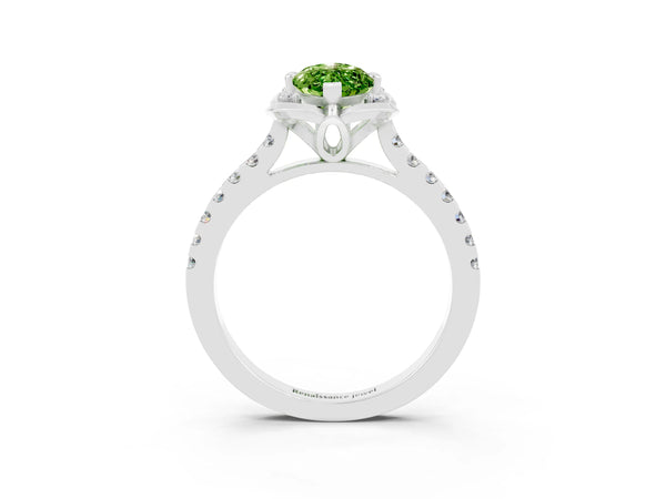 White gold Marquise Cut Peridot Ring with Pavé Band and Floral Prong Setting