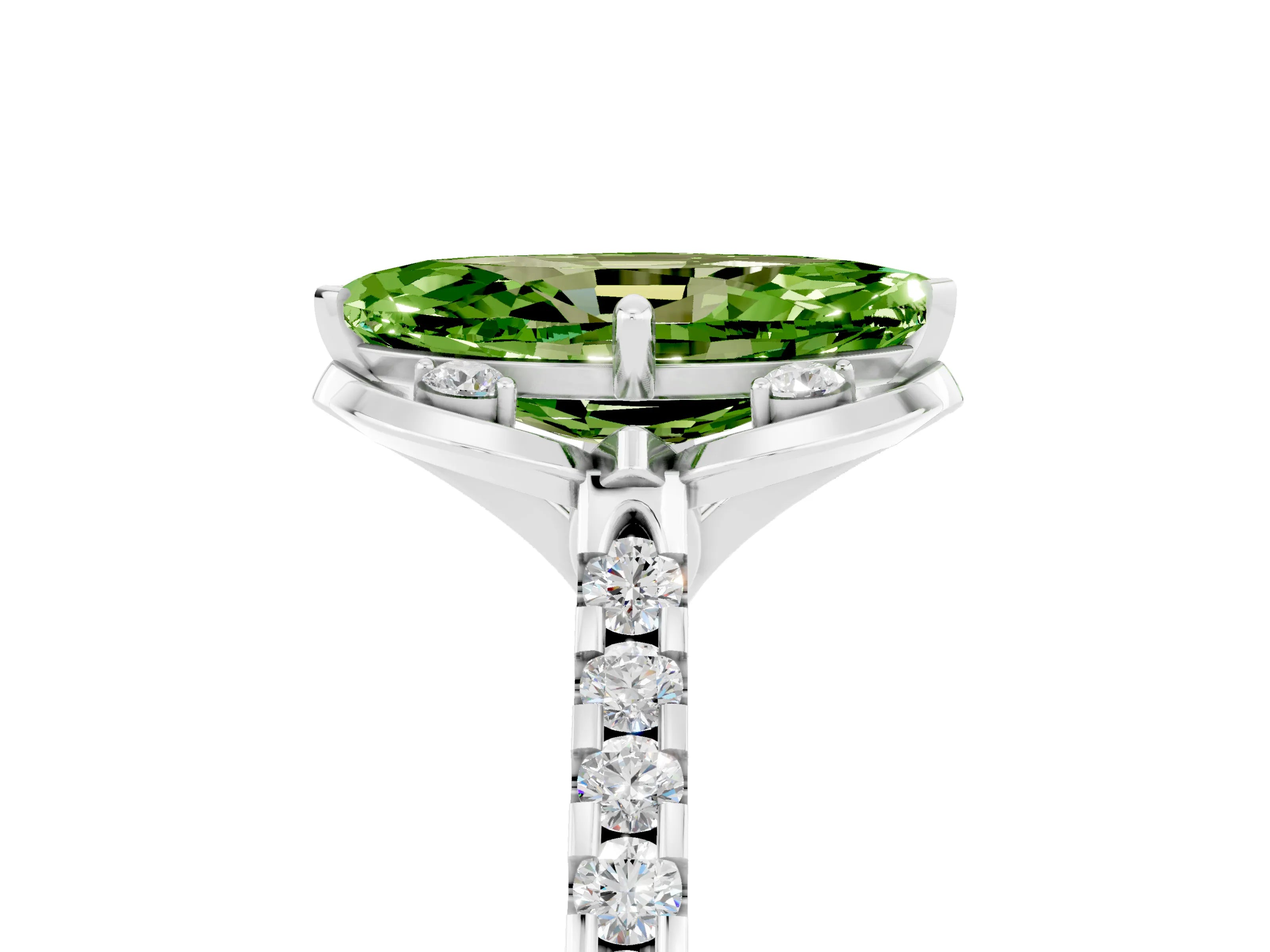 White gold Marquise Cut Peridot Ring with Pavé Band and Floral Prong Setting_5