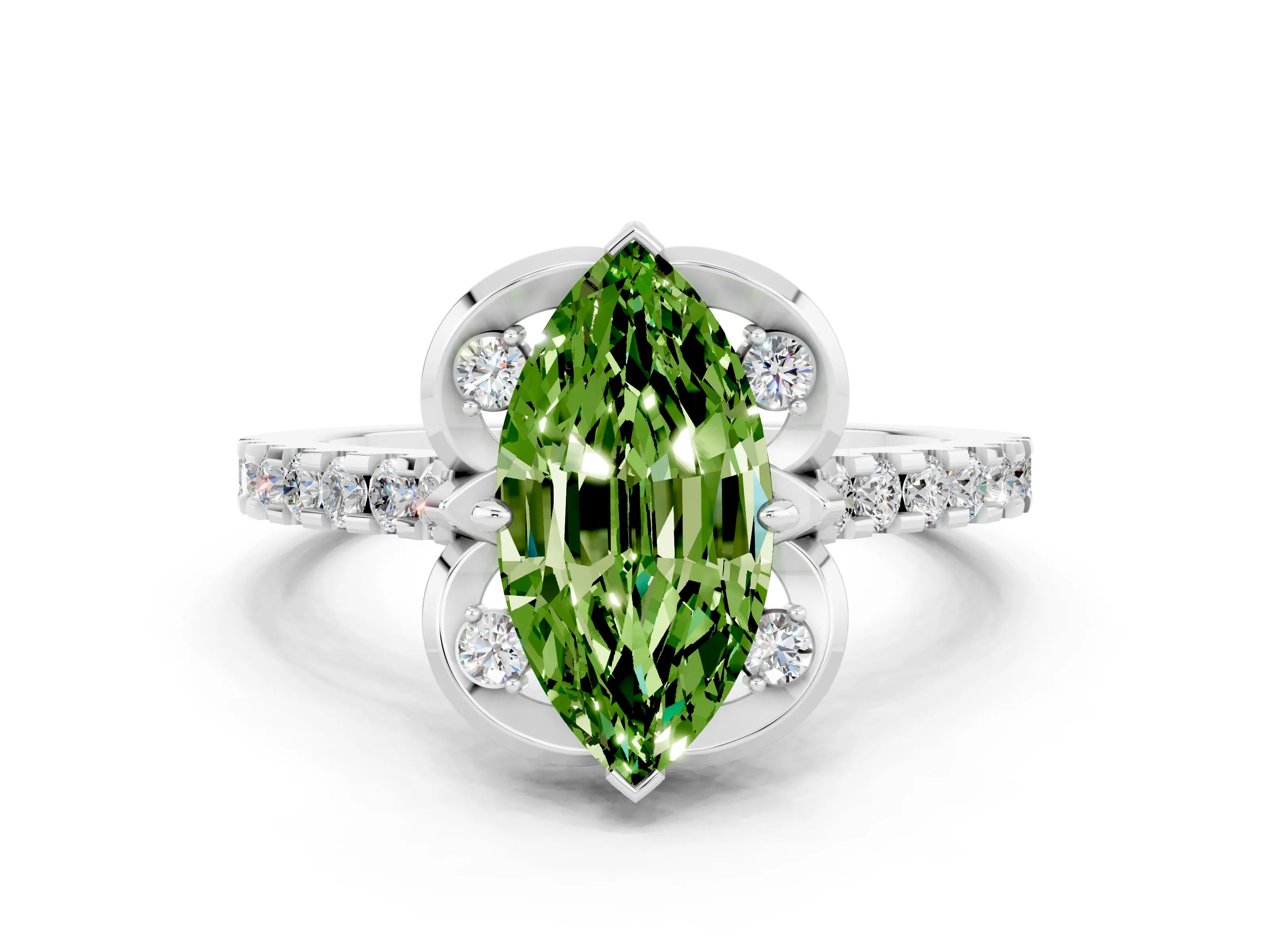 White gold Marquise Cut Peridot Ring with Pavé Band and Floral Prong Setting