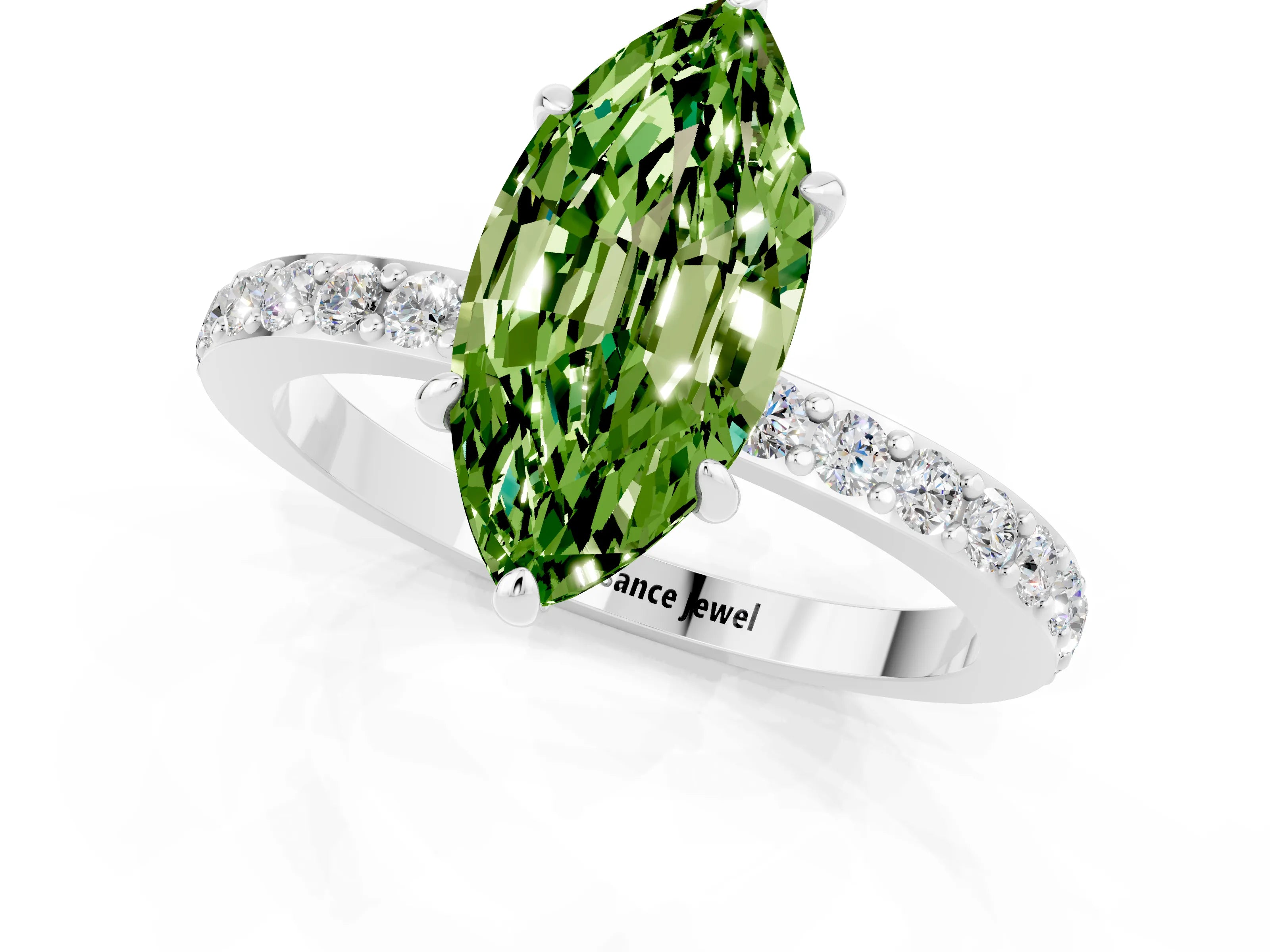 White gold Marquise Cut Peridot Ring with Pavé Band and Four-Prong Setting_1