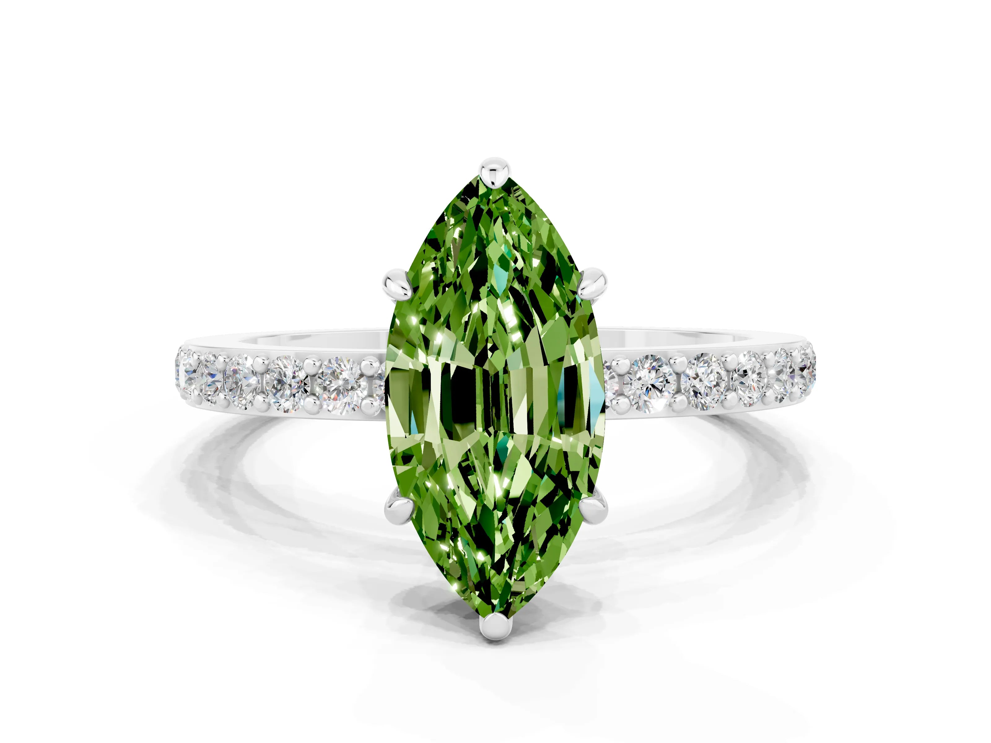 White gold Marquise Cut Peridot Ring with Pavé Band and Four-Prong Setting