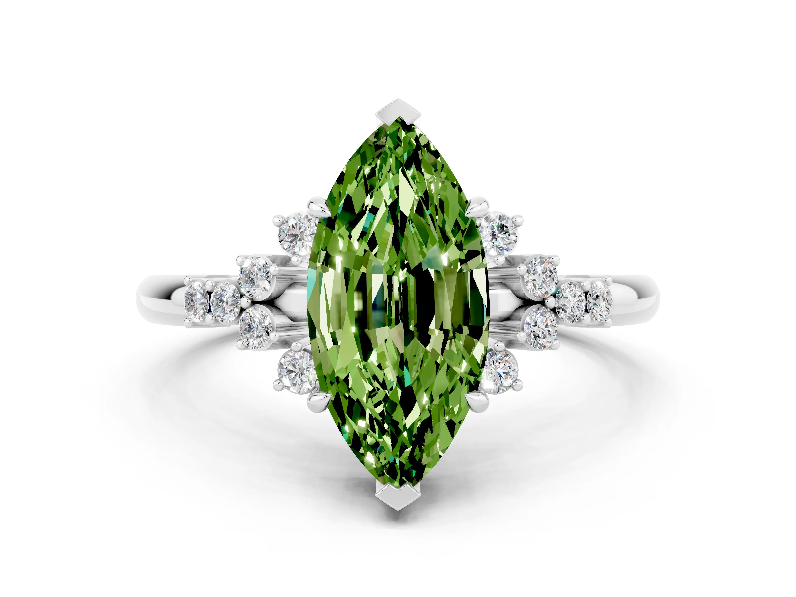 White gold Marquise Cut Peridot Ring with Side Stones and Four-Prong Setting_54