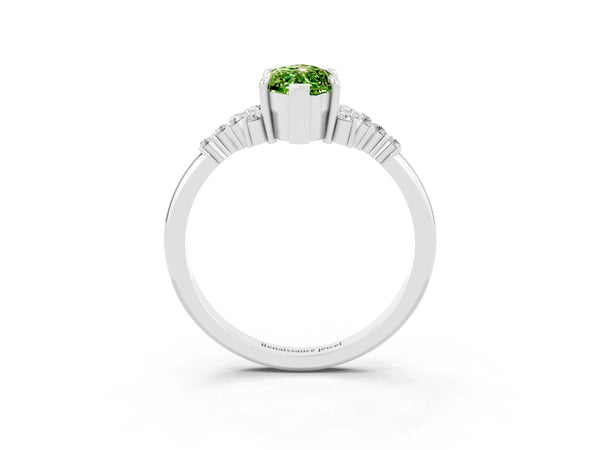White gold Marquise Cut Peridot Ring with Side Stones and Four-Prong Setting
