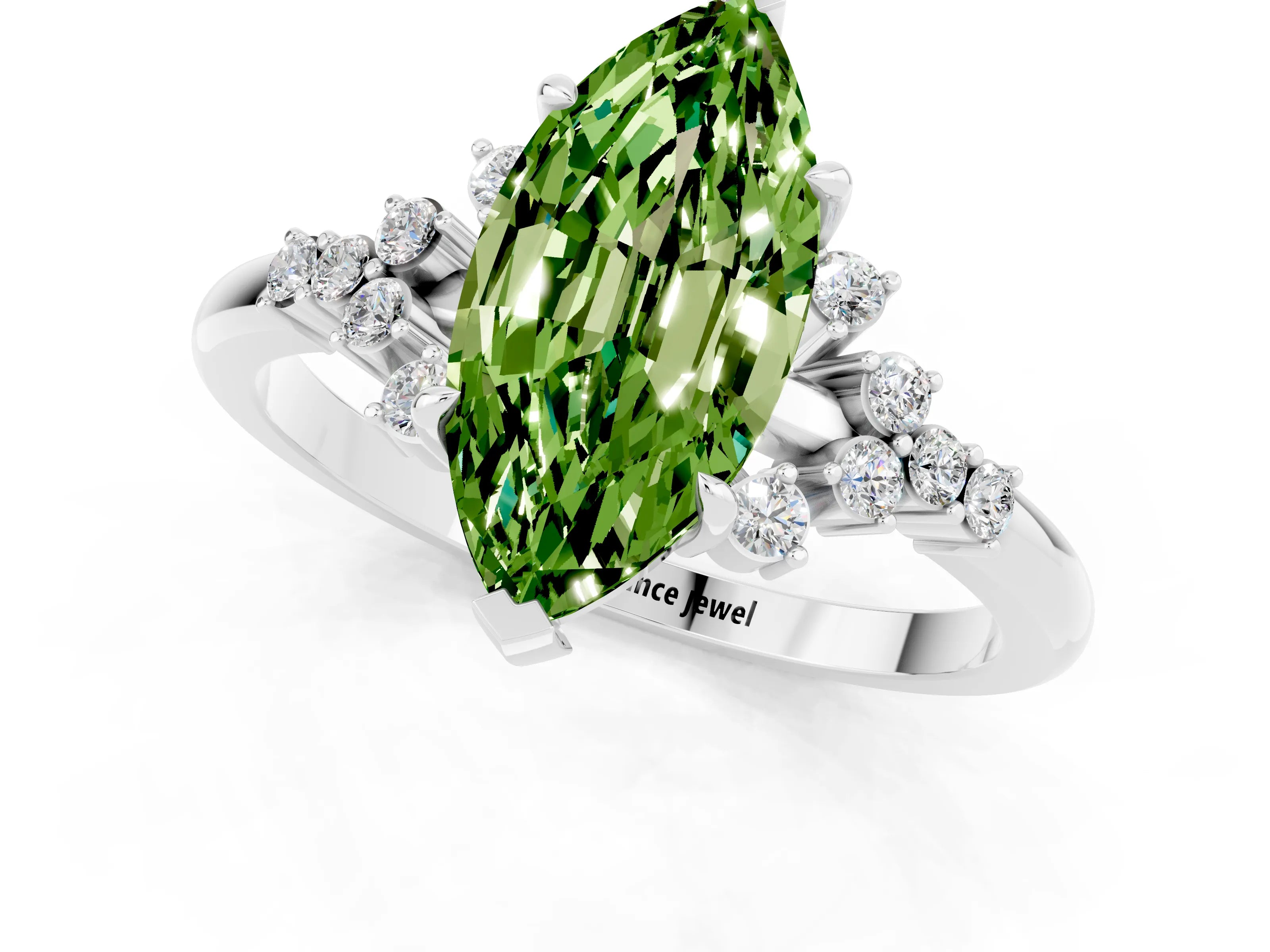 White gold Marquise Cut Peridot Ring with Side Stones and Four-Prong Setting_61