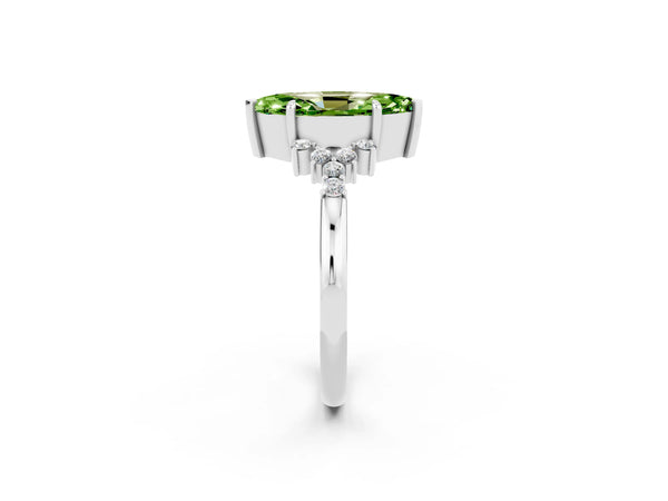 Platinum Marquise Cut Peridot Ring with Side Stones and Four-Prong Setting