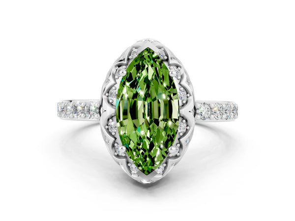 Silver Marquise Cut Peridot Scalloped Halo Engagement Ring with Round Shared Prong Band