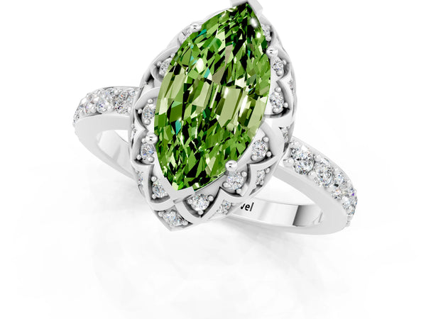 Platinum Marquise Cut Peridot Scalloped Halo Engagement Ring with Round Shared Prong Band