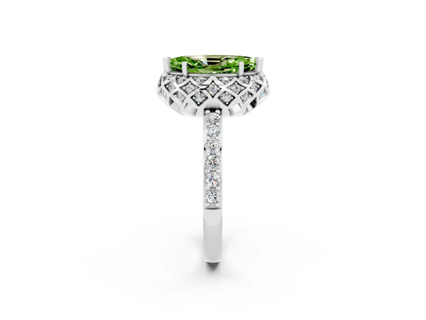 Silver Marquise Cut Peridot Scalloped Halo Engagement Ring with Round Shared Prong Band