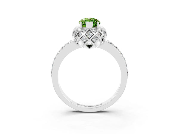 White gold Marquise Cut Peridot Scalloped Halo Engagement Ring with Round Shared Prong Band