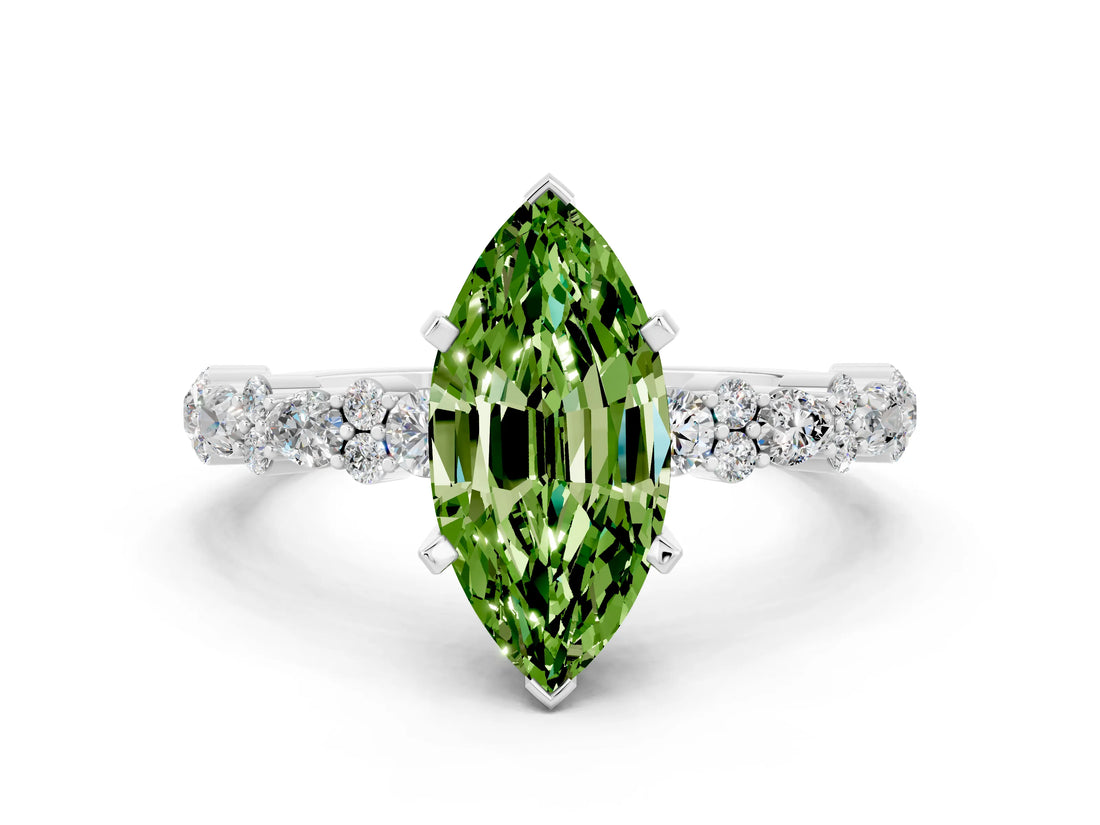 White gold Marquise Cut Peridot Side Stone Solitaire Ring with Round  and Four-Prong Setting_48