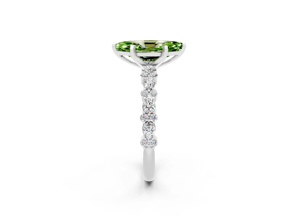 Platinum Marquise Cut Peridot Side Stone Solitaire Ring with Round  and Four-Prong Setting