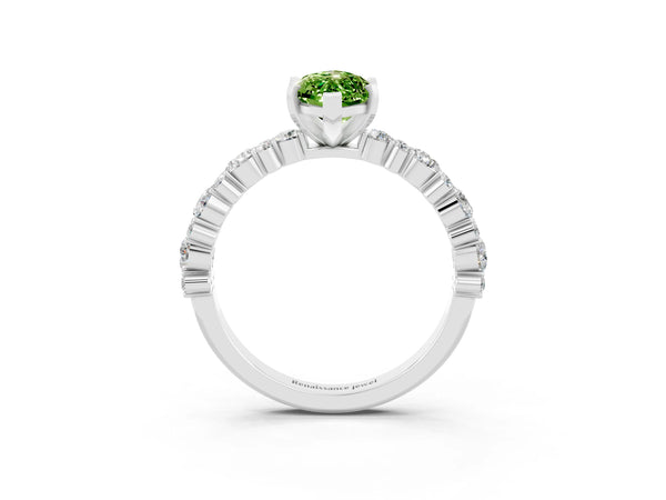 Platinum Marquise Cut Peridot Side Stone Solitaire Ring with Round  and Four-Prong Setting