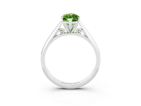 Platinum Marquise Cut Peridot Solitaire Engagement Ring with Cathedral Setting and Four-Prong Mount