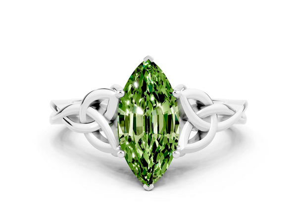 White gold Marquise Cut Peridot Solitaire Engagement Ring with Celtic Knot Band and Four-Prong Setting