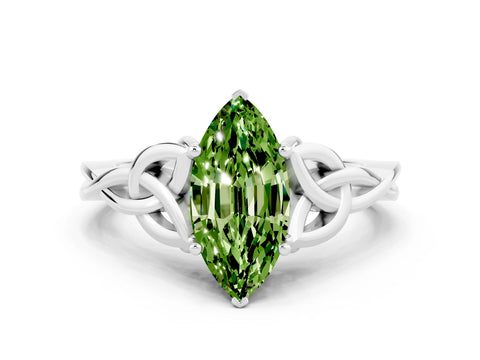 White gold Marquise Cut Peridot Solitaire Engagement Ring with Celtic Knot Band and Four-Prong Setting