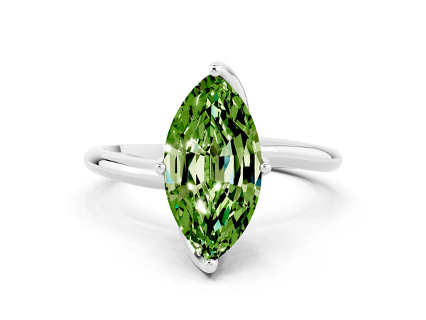 Platinum Marquise Cut Peridot Solitaire Engagement Ring with Four-Prong Setting and Classic Band