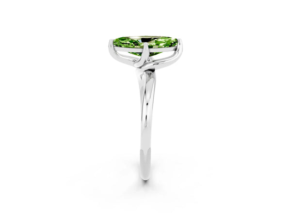 Silver Marquise Cut Peridot Solitaire Engagement Ring with Four-Prong Setting and Classic Band