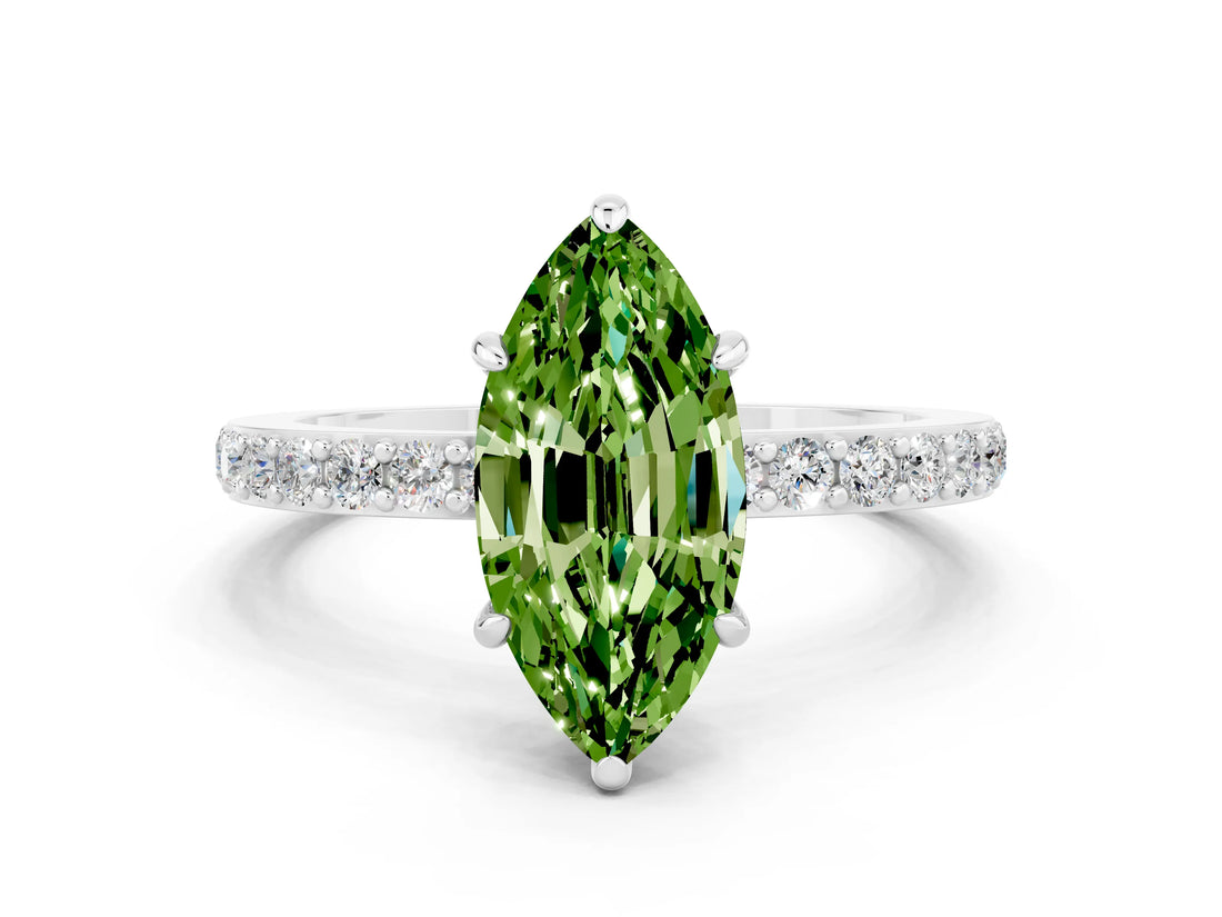 White gold Marquise Cut Peridot Solitaire Engagement Ring with Pavé Band and Four-Prong Setting