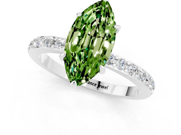 White gold Marquise Cut Peridot Solitaire Engagement Ring with Pavé Band and Four-Prong Setting
