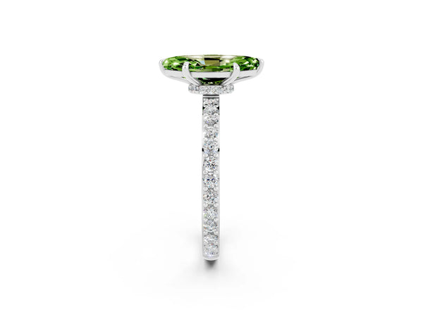 Platinum Marquise Cut Peridot Solitaire Engagement Ring with Pavé Band and Four-Prong Setting