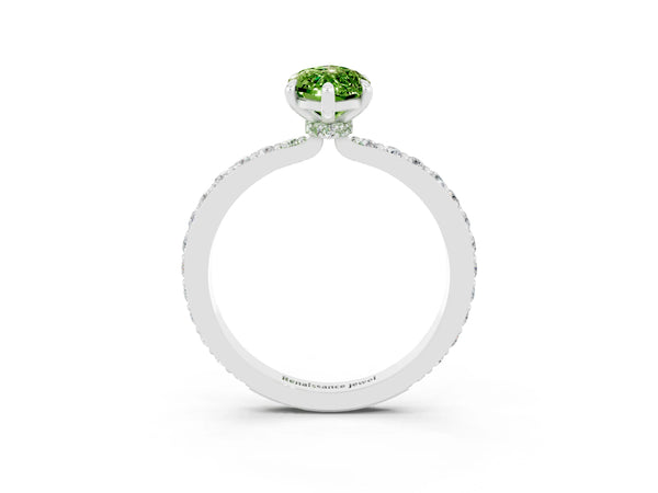 Platinum Marquise Cut Peridot Solitaire Engagement Ring with Pavé Band and Four-Prong Setting
