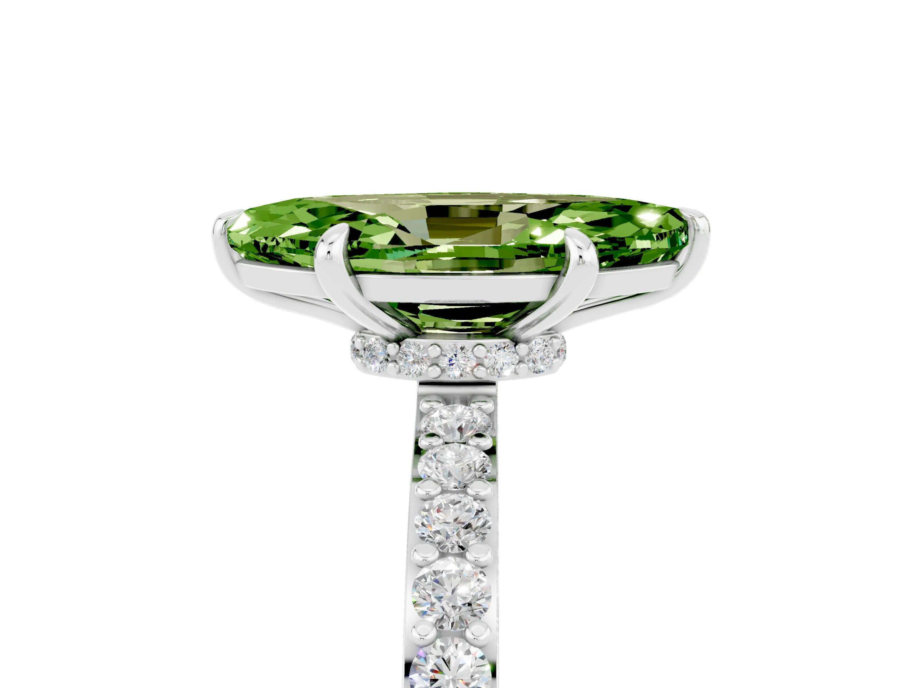 White gold Marquise Cut Peridot Solitaire Engagement Ring with Pavé Band and Four-Prong Setting_5