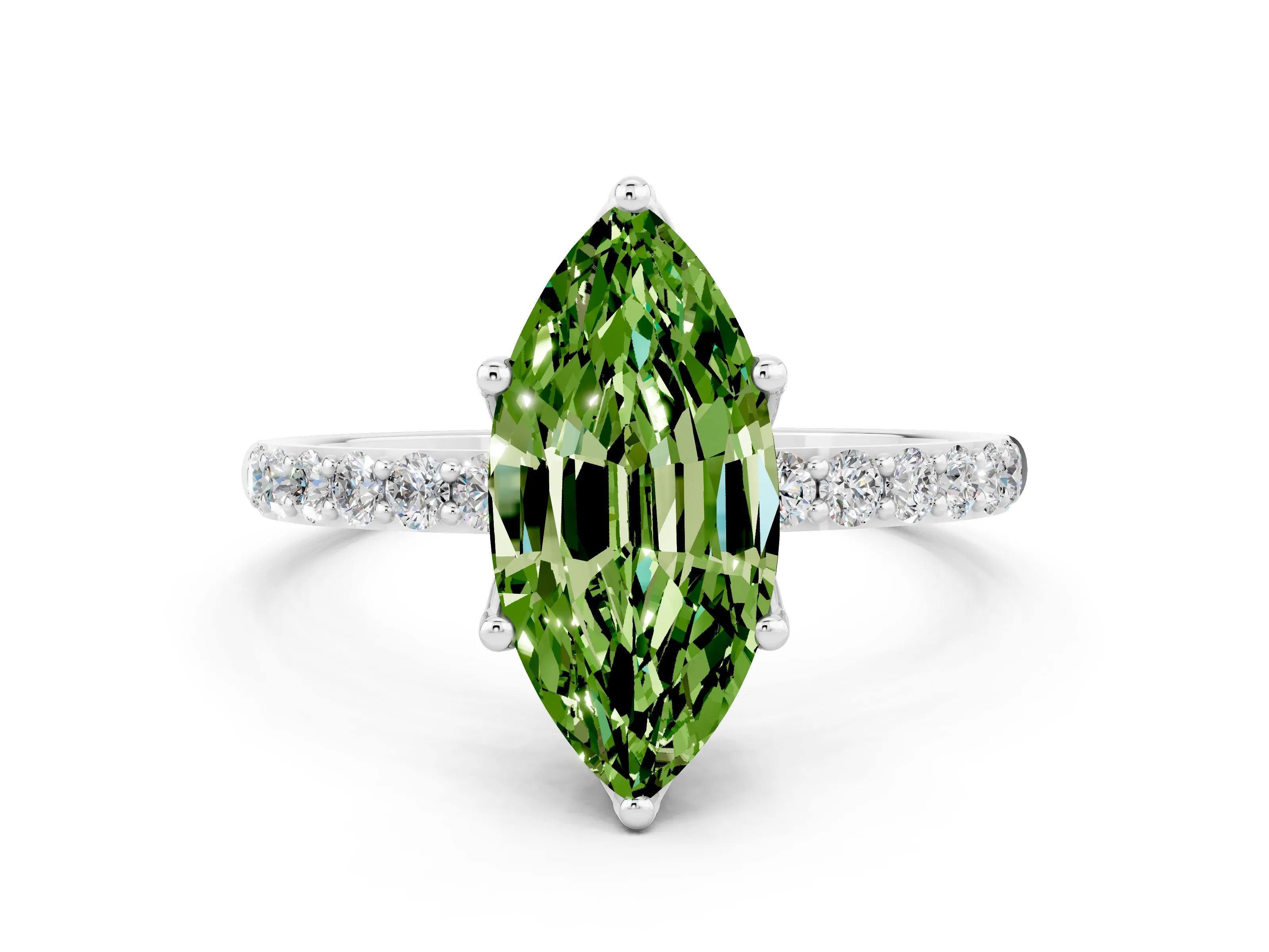 White gold Marquise Cut Peridot Solitaire Engagement Ring with Pavé Band and Prong Setting