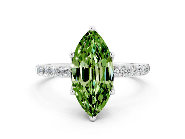 Platinum Marquise Cut Peridot Solitaire Engagement Ring with Round  Pavé Band and Prong Setting